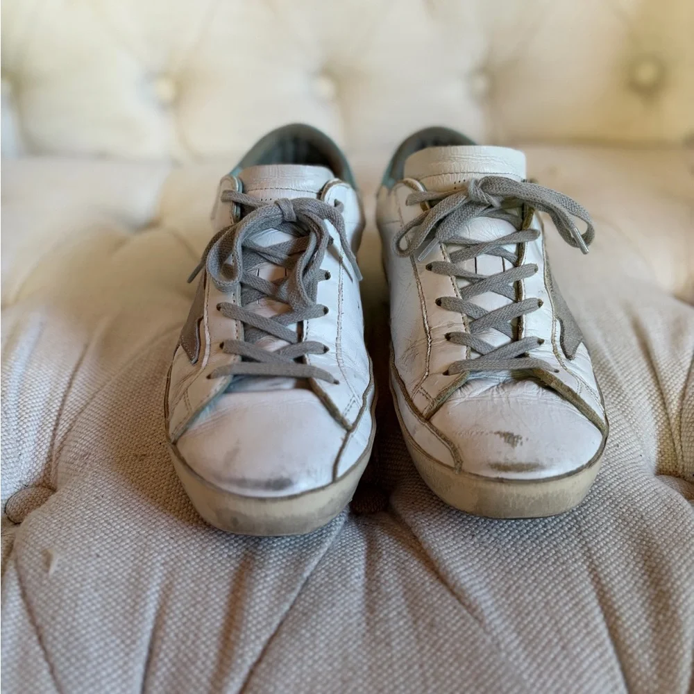 Women’s Golden Goose White Lace-Up Leather Sneakers with teal backs